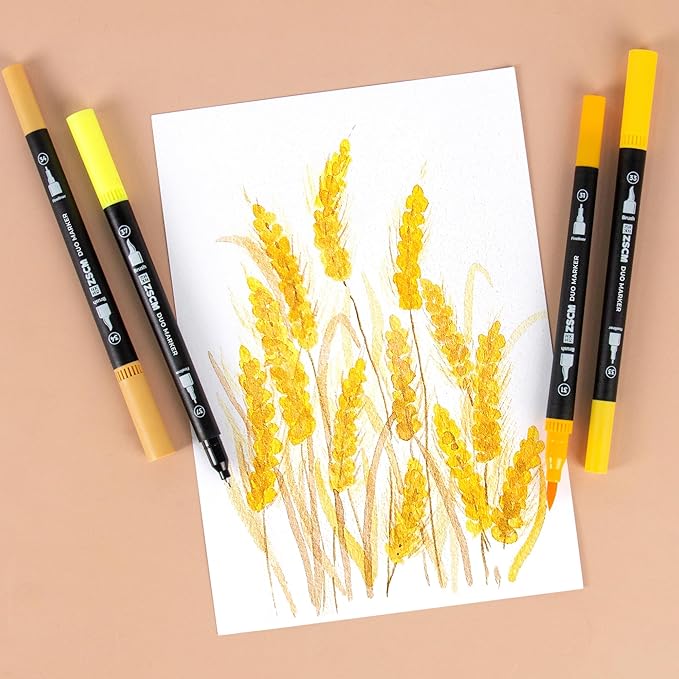 ZSCM Yellow Duo Tip Marker Pens, 12 Pack Fine & Brush Markers for Adult Coloring Books No Bleeding, Sunshine Yellow Markers for Summer Themes, Sunflower Art, Energetic Accents and Happy Doodles
