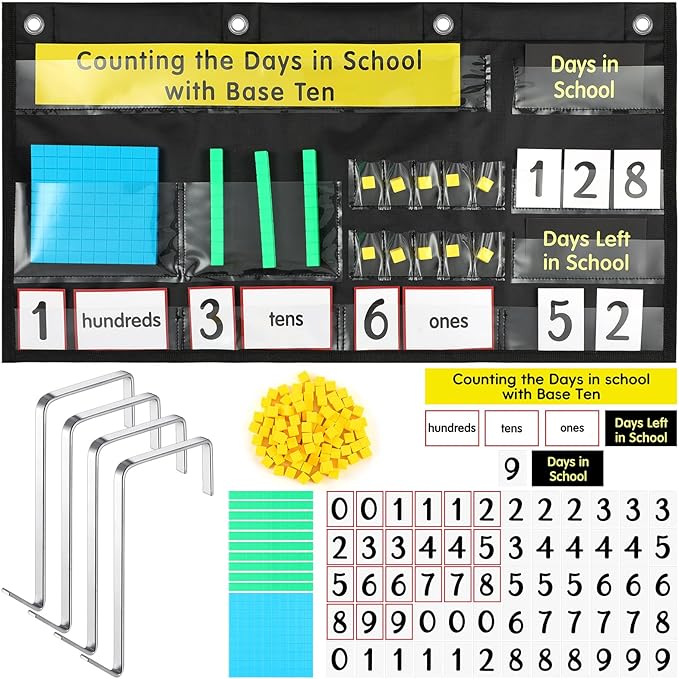 Resurhang Back to School Counting the Days with Base Ten Pocket Chart Place Value, Counting Caddie Pocket Chart for Classroom Bulletin Board School or Home Decor, 4 Hooks(Black,Classic Style)