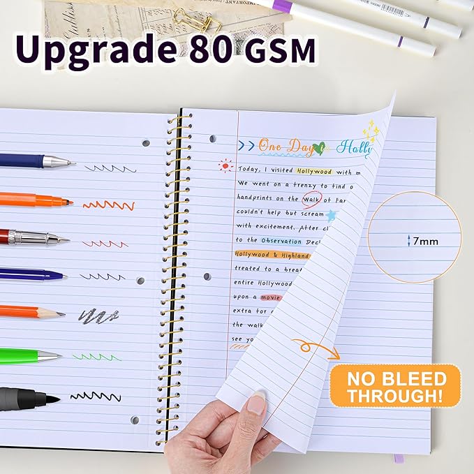 Spiral Notebook College Ruled Paper 8" x 10-1/2", 1 Subject Spiral Notebook 80GSM Paper, 3-Hole Punched Perforated Pages Ideal for School, Office, Writing, 75 Sheets Lined Journaling Notebook, Black