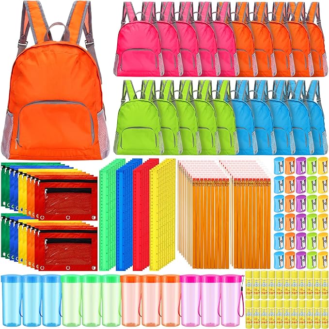 168 Pcs/24 Sets School Supplies Kit Bulk Back to School Essentials Schools Backpack Donation Water Bottle Pencil Pouch HB Pencil Plastic Rulers Sharpener Glue Stick Christmas Donation Set