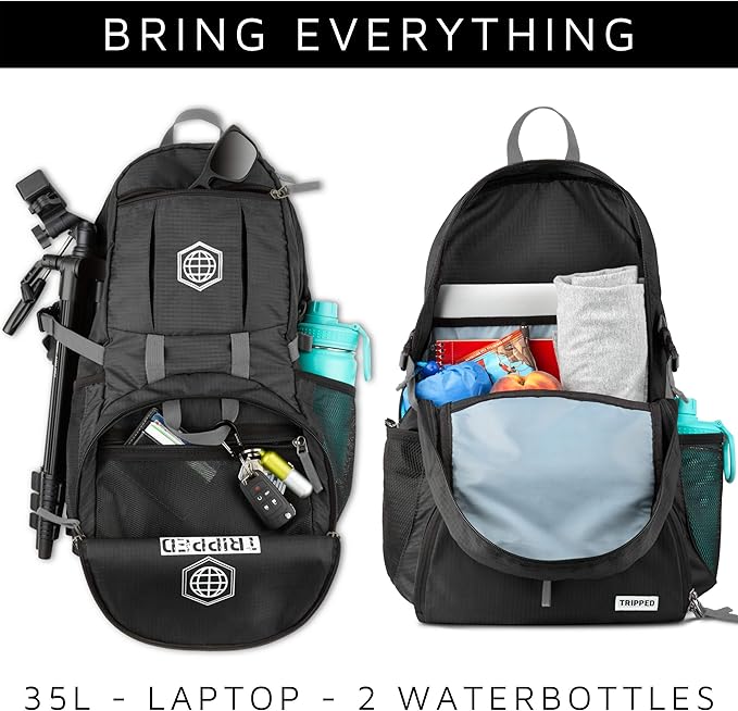 TRIPPED Travel Gear Traveling Backpack- Foldable collapsible lightweight backpack for travel (Black) 35 liters