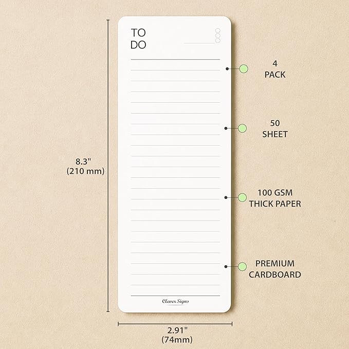 Skinny To Do List Notepad 4 Pack, 2.9" x 8.3", 50 Sheets Each, Undated Daily To Do Planner with Deadline Column, Thick Premium Paper, Cardboard Backing, Minimalist Checklist Memo Pad for Home, Office & School