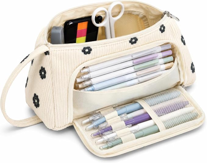 Big Capacity Pencil case,Soft Corduroy Pencil Bag with 3 Compartment Pouch Bag for School Supplies Office for Teen Girls Boys Women Man (Black Floral)
