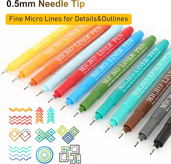 12 Colors Fineliner Pens Set, 0.5mm Fine Point Needle Tip Pens, No Bleed Waterproof Archival Ink for Drawing, Bullet Journal, Bible Journaling, Note Taking