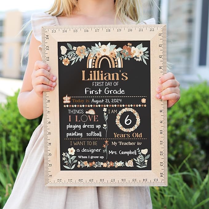 First Day of School Sign (11.5"x15"), Reusable Chalkboard, Easy to Clean with Real Wooden Ruler Frame, Perfect for Back to School, First Day of Kindergarten (Boho Garden)