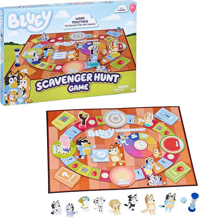 Bluey Scavenger Hunt Board Game, Cooperative Play with 4 Exclusive Mini-Figures, Indoor Games for Kids Ages 5+, Fun Toy Token Collecting Game