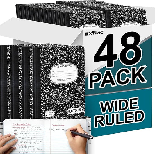 EXTRIC Composition Notebook Wide Ruled – 48 Pack Bulk Wide Ruled Composition Notebooks for School, 200 Pages (100 Sheets) No Bleed Composition Book Black Marble 9.75 x 7.5 in