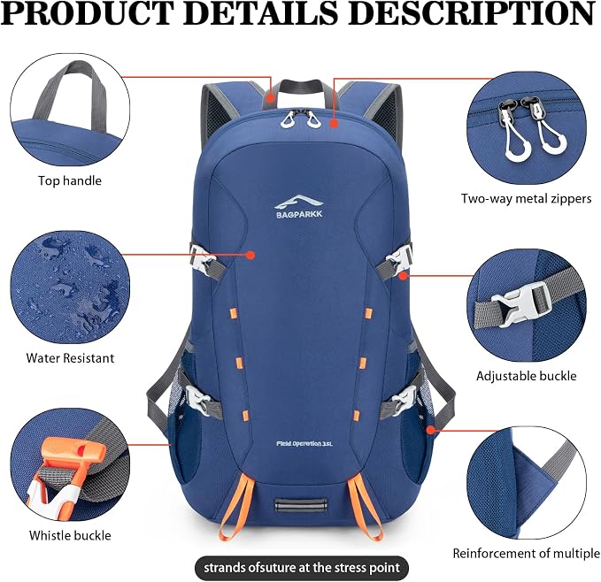 BAGPARKK 35L Ultra Lightweight Foldable Packable Hiking Backpack | Travel Backpack, Survival Whistle, Water-Resistant, Camping Daypack, Outdoor Sports, 0.88 pounds, Men & Women