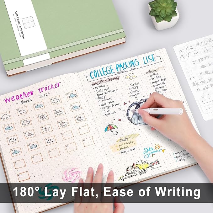 AHGXG Dotted Journal - 320 Pages Dot Grid Notebook B5 Large Journal, 100gsm Thick Dotted Paper, Leather Softcover, with Journal Stencils, Inner Pocket, 7.6'' X 10''，Light Green