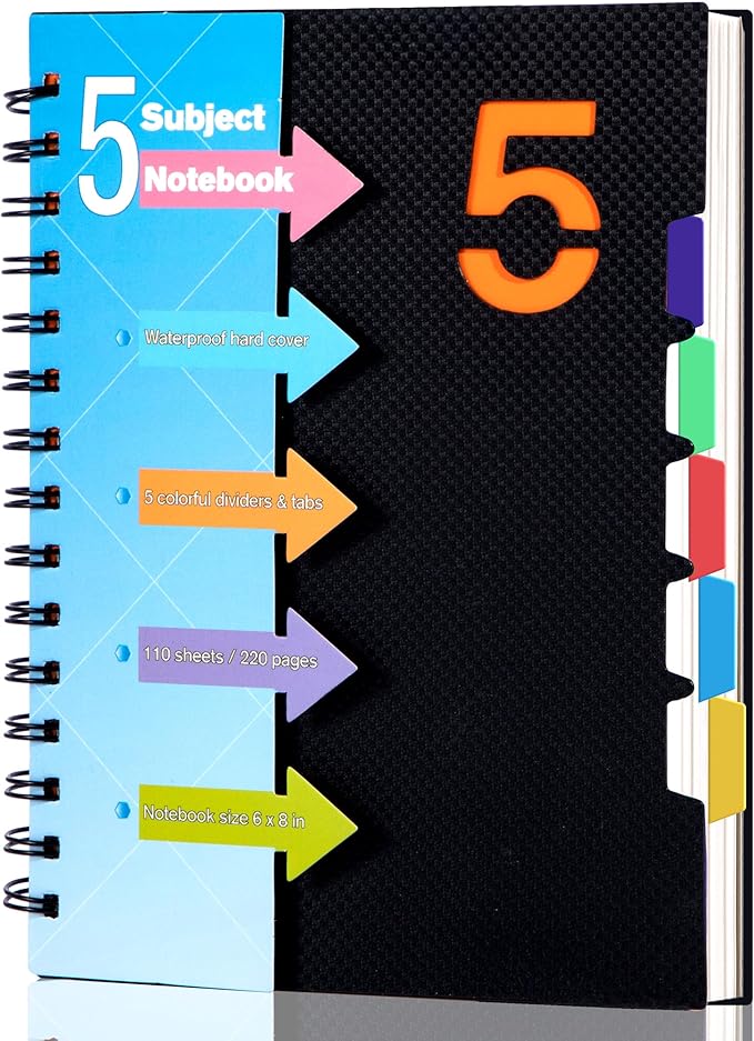 CAGIE 5 Subject Notebook, A5 Small Spiral Notebook with Removable Pocket Dividers Tabs, 240 Pages Spiral Note Book College Ruled for School Work Note taking, 6.1 * 8.27in, Balck