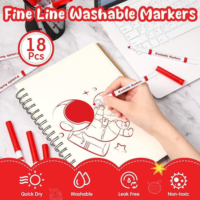 Fullhawl 18 Pcs Line Washable Markers Bulk Red Fine Tip Markers Set Coloring Thin Tip Drawing Washable Pen for Kids Art School Classroom Back to School Gender Reveal Party Supplies, Ages 6+