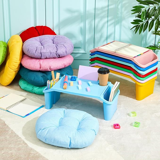 Supervitae 16 Pcs Kids' Lap Desk and Classroom Floor Cushions Set, Including Stackable Lap Tray 19.7 x 14.8 x 7.7'' & Floor Pillow 16'' for Classroom Kindergarten Daycare Nursery (Classic Colors)