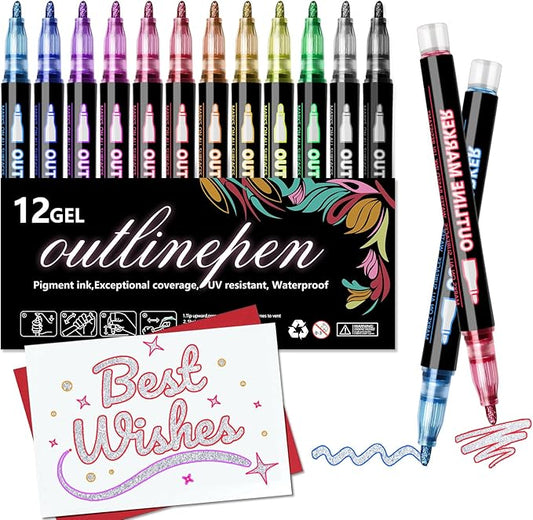 Outline Shimmer Markers,12 Colors Glitter Markers Outline Glitter Pens,Gel Pens for Coloring,Metallic Marker Pen for Tween Teen Girl Gifts Birthday, Trendy Stuff for Art School Supplies,Painting