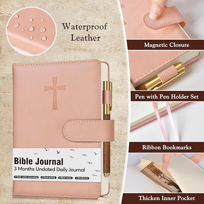 Leather Christian Bible Journal for Women Men, Prayer Journal for Scripture Study & Daily Devotional, Undated Church Notes Notebook, Jesus Religious Faith Gifts for Pastor, Graduation, Baptism, Pink