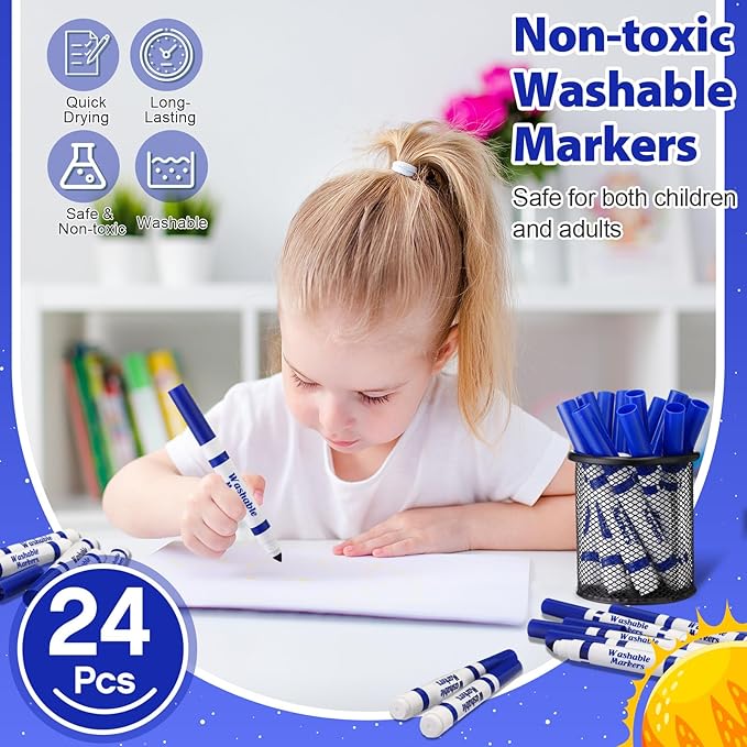 24 Pcs Washable Markers Bulk Broad Line Markers Coloring Conical Tip Large pens for Kids art projects, Teachers, Students, Toddlers, Party Favors, Classrooms, Donations(Blue)