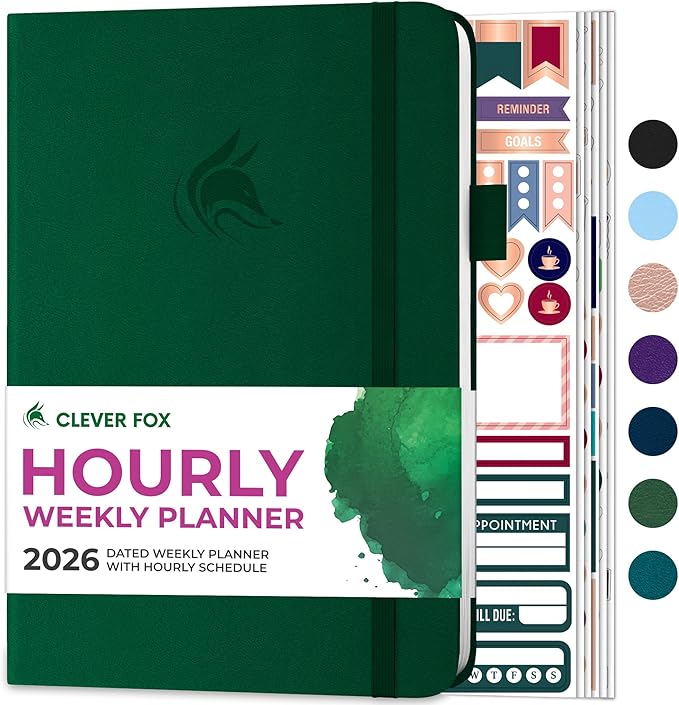 Clever Fox Dated Hourly Weekly Planner 2026 – Daily, Monthly & Yearly Agenda Organizer with Time Slots – Hardcover Journal, A5 Size (Forest Green)