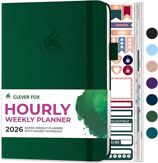 Clever Fox Dated Hourly Weekly Planner 2026 – Daily, Monthly & Yearly Agenda Organizer with Time Slots – Hardcover Journal, A5 Size (Forest Green)