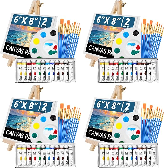 ESRICH 104PCS Acrylic Paint Canvas Set, Acrylic Painting Kit with 4 Set of 12 Colors Acrylics Paint,Paint Brushes,Canvas, Wooden Easels, Art Plates, Art Painting Supplies for Kids Adults Beginners