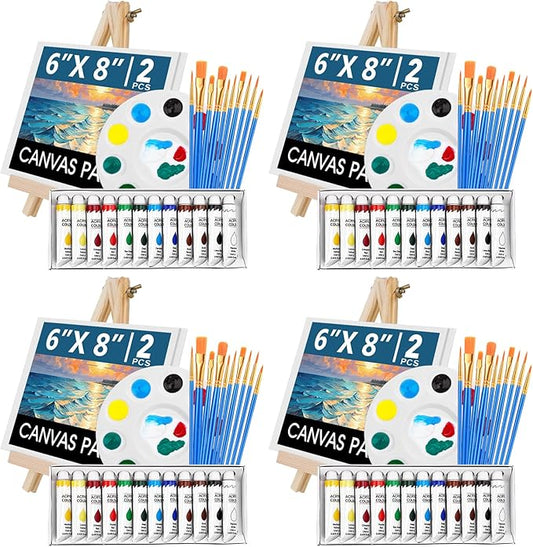ESRICH 104PCS Acrylic Paint Canvas Set, Acrylic Painting Kit with 4 Set of 12 Colors Acrylics Paint,Paint Brushes,Canvas, Wooden Easels, Art Plates, Art Painting Supplies for Kids Adults Beginners