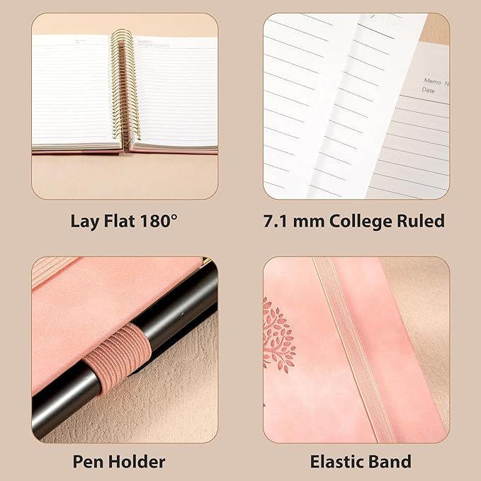 Yoment Hardcover Spiral Notebook 8.5" x 11" Pink 5 Subject Notebook College Ruled with Dividers Tabs 300 Pages Large Leather Spiral Journal Notebooks for Work School Note-Taking Business