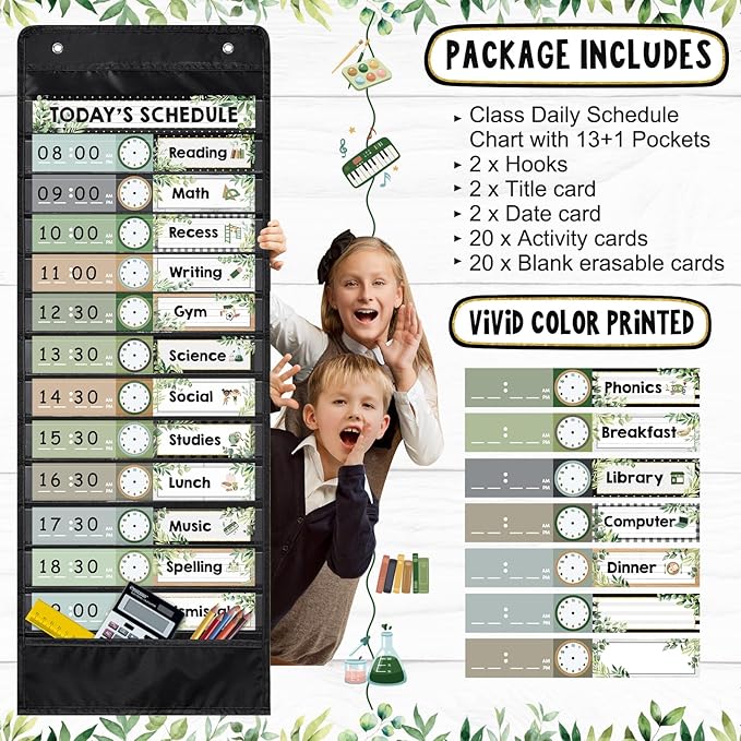 Daily Schedule Pocket Chart for Classroom, 13+1 Pockets with 42 Designed Schedule Cards, Farmhouse Greenery Classroom Kids Daily Schedule Pocket Chart for Home Back to School Classroom Decorations