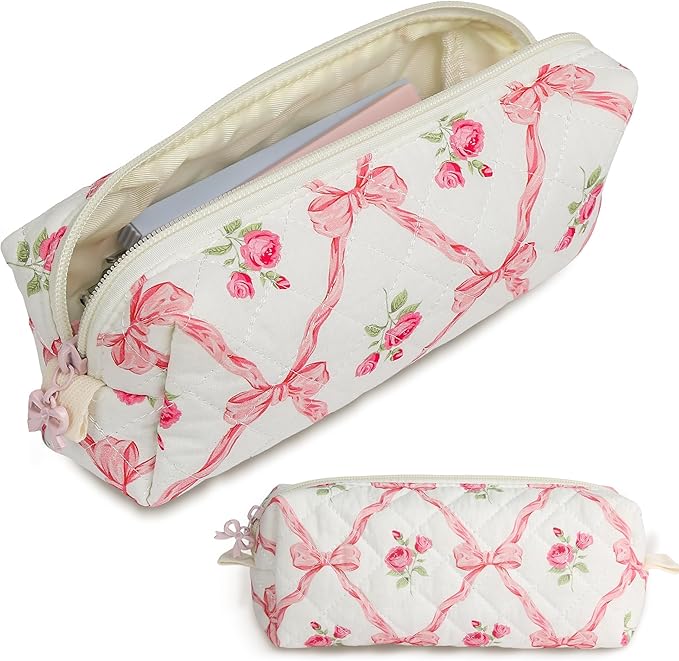 Cute Quilted Pencil Case for Girls Women, Aesthetic Small Floral Pencil Pouch,Slim Soft Pencil Bag for School Supplies Makeup Pouch for School & Daily Use (pink bow)
