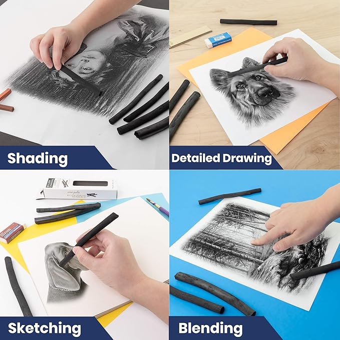 Pacific Arc 2 Pack Large Vine Charcoal Stick 5/Pkg, Soft, Black, Thick Willow Charcoal for Sketching and Drawing