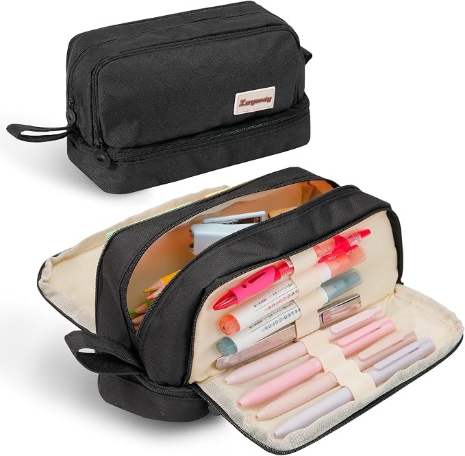 Zzrywuty Large Capacity Pen Pencil Case Multi-Slot Pencil Pouch Bag,Black Pencil Case Large 4 Compartments,Organizer Marker Pouch Pen for Office College School Teen Girl Boy Men Women