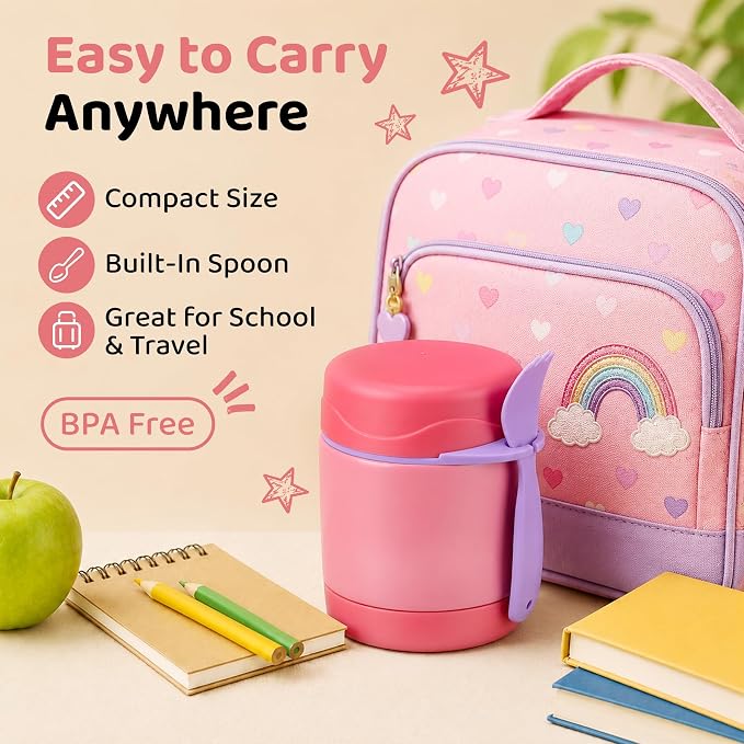 Pawtong 10oz Insulated Food Jar, Thermo for Hot Food Lunch Container, Stainless Steel Lunch Box for Kids with Spoon (Pink)