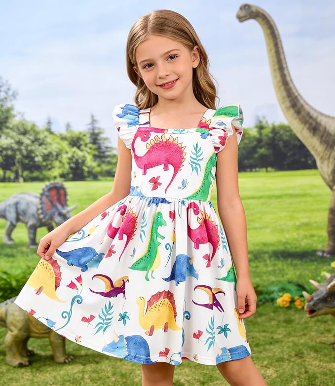 Popshion Girls Dresses Flutter Sleeve Swing Sundress Toddler Summer Clothes Kid Birthday Party Sleeveless Dress 1-8 Years Old