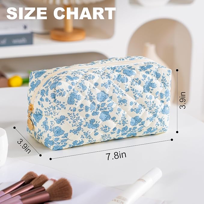 Makeup Bag Travel Toiletry Bag for Women, Small Cosmetic Bags Cute Quilted Cotton Makeup Pouch for Purse Emergency Bag Pencil Case Accessory Bag, Blue