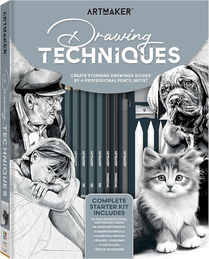 Hinkler Art Maker: Drawing Techniques - Complete Studio Starter Kit, Instruction Book, Sketchbook, Graphite Pencils, Charcoal Pencils, Tools & Supplies, Adult
