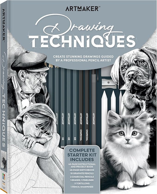 Hinkler Art Maker: Drawing Techniques - Complete Studio Starter Kit, Instruction Book, Sketchbook, Graphite Pencils, Charcoal Pencils, Tools & Supplies, Adult