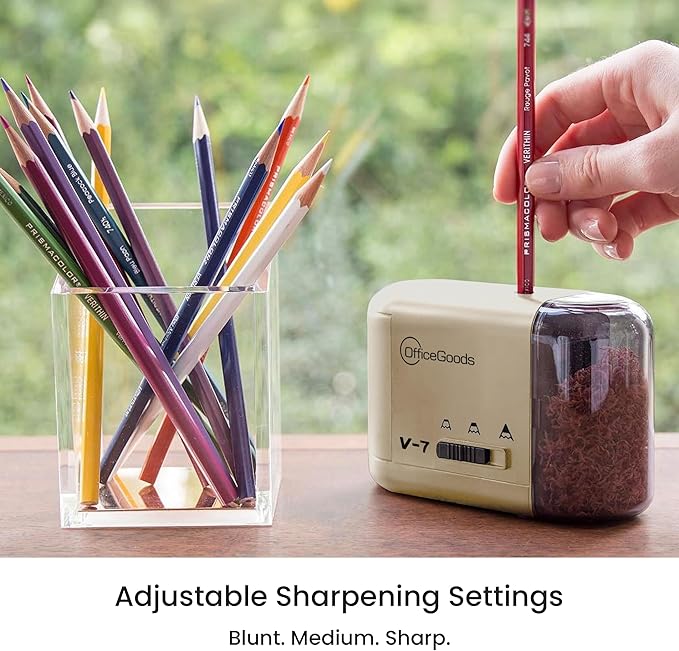 OfficeGoods Electric Pencil Sharpener - Battery or Cord Powered Portable Sharpener - Perfectly Sharpens Colored Pencils, Drafting Pencils for Kids, Adults, Office, School and Home - Gold