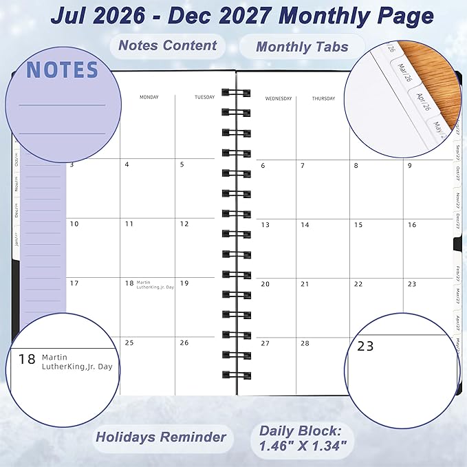 Day Planner 2026-2027, 2026 Planner Weekly and Monthly, from Jul 2026-Dec 2027, 18 Month Agenda Book with Tabs, A5 Size, Black