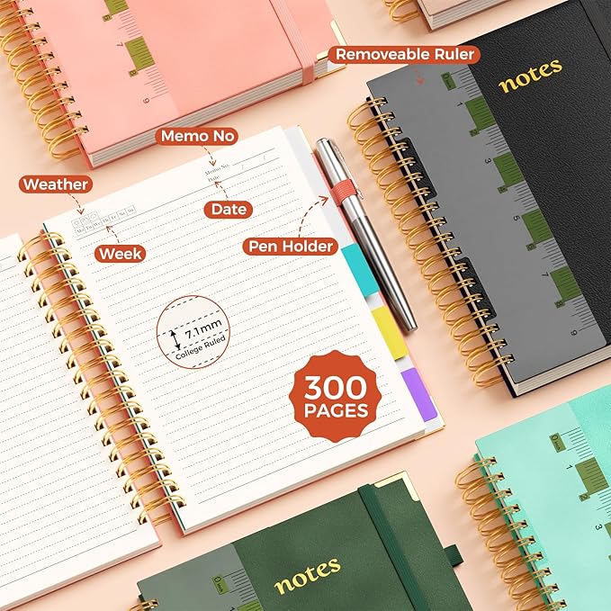 Line Hardcover Spiral Notebook with Removable Dividers Tabs & Ruler, 5 Subject Notebook College Ruled, 300 Page, Large 8"x10" B5 Notebooks for Work School, Lined Journal for Women & Men, Black