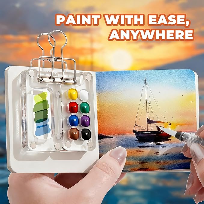Mini Watercolor Paint Set Portable, Travel Grid Paint Palette Box with Binder Clips Include 24 Colours, Brush*3 and Picture Album Art Materials Coloring Markers for Travel, Creative Drawing Kit for Beginners and Art Enthusiasts