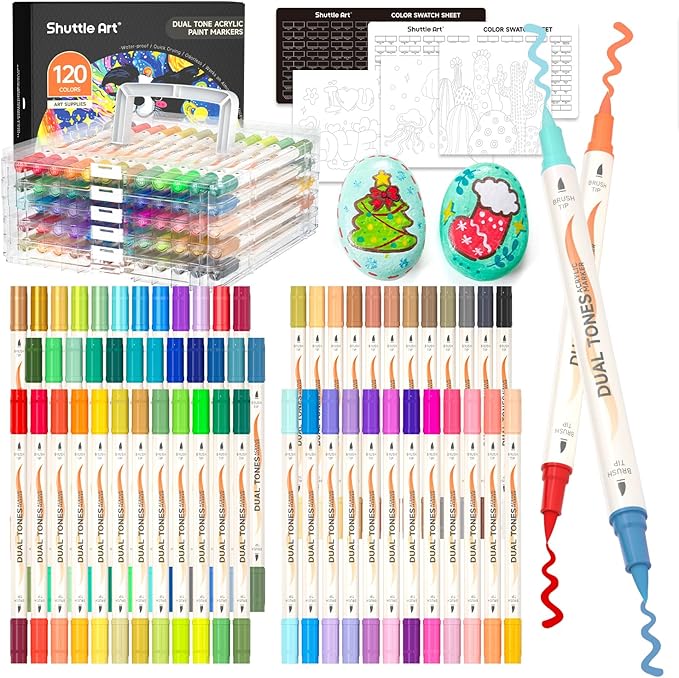 Shuttle Art 120 Colors Dual Tone Acrylic Paint Markers, 60 Pack Acrylic Paint Pens Set for Rock Painting, Ceramic, Wood, Canvas, Glass, Stone, Fabric, Card Making, DIY Crafts & Art Supplies