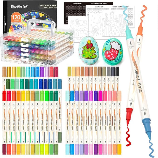 Shuttle Art 120 Colors Dual Tone Acrylic Paint Markers, 60 Pack Acrylic Paint Pens Set for Rock Painting, Ceramic, Wood, Canvas, Glass, Stone, Fabric, Card Making, DIY Crafts & Art Supplies