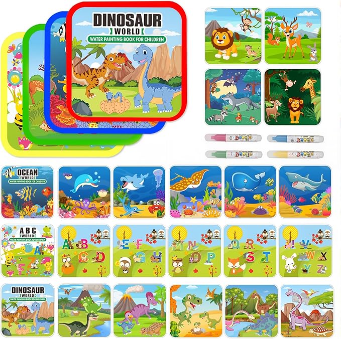 Water Painting Books for Toddlers, 4 Pack Reusable Magic Water Coloring Book with Water Pen Fairy Tale for Ages 3+, Water Doodle Book Travel Toys for Kids(Mix-4color)