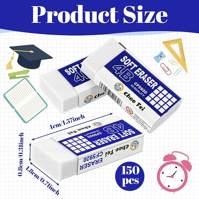 150 PCS White Erasers Bulk, White Rubber Erasers Bulk for School, Office, and Art, Latex-Free Smudge-Free Pencil Eraser for Kids, Students, and Teachers, Classroom Supplies Set