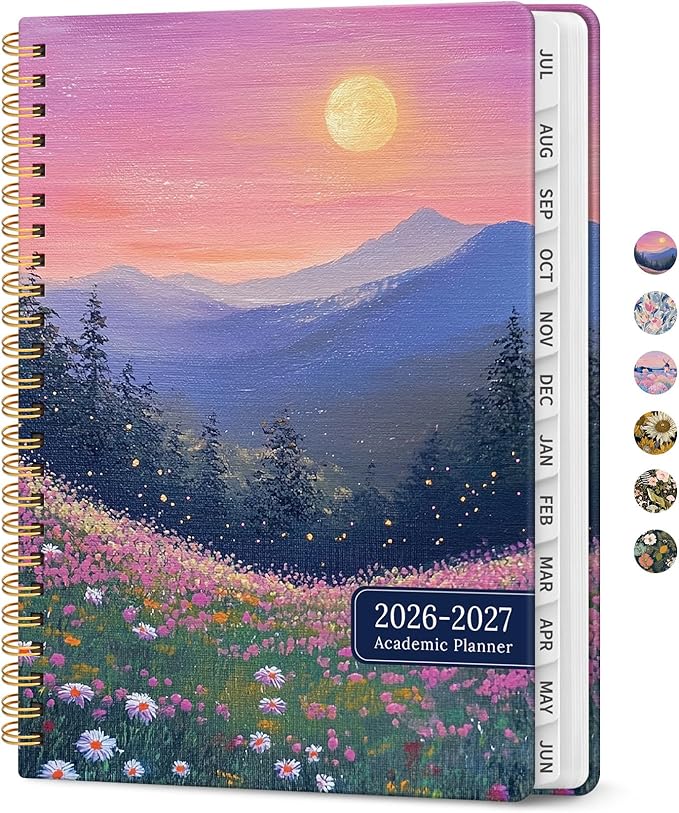 Planner 2026–2027, Academic Monthly Weekly Spiral Calendar, July 2026 – June 2027, Hardcover Agenda Notebook with Tabs, 8.5" x 11", Perfect for Students, Teachers, School & Daily Planning - Twilight Bloom