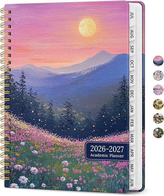Planner 2026–2027, Academic Monthly Weekly Spiral Calendar, July 2026 – June 2027, Hardcover Agenda Notebook with Tabs, 6.3" x 8.5", Perfect for Students, Teachers, School & Daily Planning - Twilight Bloom