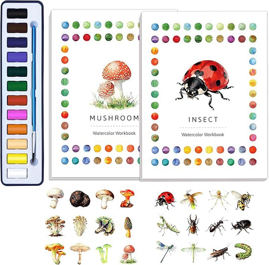 CraftyManor 2Pcs Watercolor Workbook Creative Water Color Paint Book Set with Paints & Brush, 12 Patterns of Original DIY Designs, Beginner-Friendly Adult Coloring Books (Insect & Mushroom)