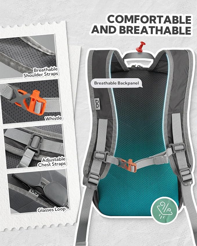WATERFLY Small Packable Travel Backpack: 10L Ultra-Light Daypack for Adults | 9.2 oz,Water-Resistant Nylon,Breathable Mesh Straps,Reflective Strips,Emergency Whistle,Multi-Pockets,Hiking,Cycling,Commute