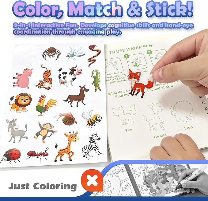 SAMZX Reusable Water Coloring Books for Toddlers 1-3, 6 Pack Magic Water Painting Book with Stickers, No Mess Travel Activity Toys & Educational Learning Kits Gifts for Kids Boys Girls Ages 3+