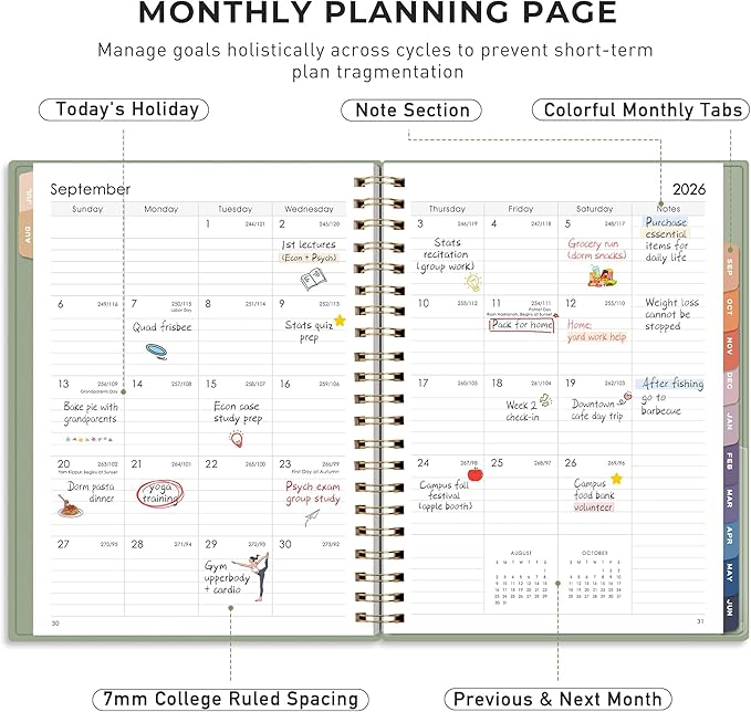 RETTACY Academic Planner 2026-2027, Weekly and Monthly, July 2026 - June 2027, Large Size (8.5" x 11"), Calendar, Agenda, 12-Month Tabs, for Student, Teacher, School (Light Green)