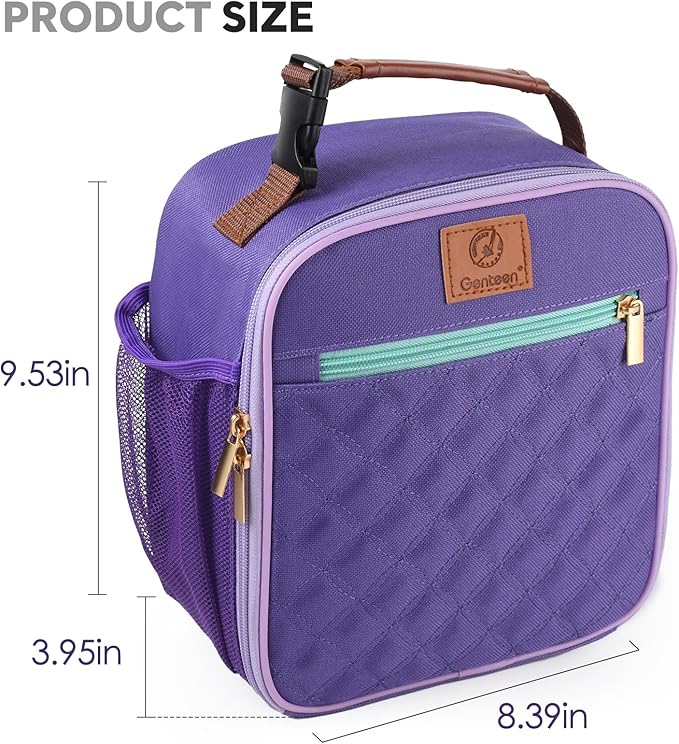Genteen Kids Lunch Box, Lunch bag for Girls Teen,Insulated Soft Mini Cooler with Bottle Holder, Lightweight Reusable East-Clean LunchBox Back to School-Purple
