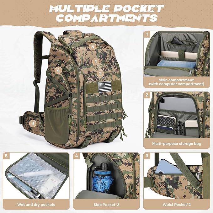 Maelstrom Tactical Backpack for Men, Water Resistant 40L Military Backpack, for Hiking, Camping, Gym with Molle System (Camouflage Green)