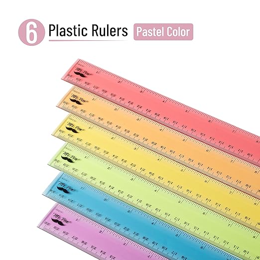 Mr. Pen- Plastic Ruler Set, 6 Pack, 12 Inch, Pastel Colors, Easy-to-Read Markings, Scratch-Resistant Design, Durable Transparent Rulers for Crafting Office & School, School Supplies